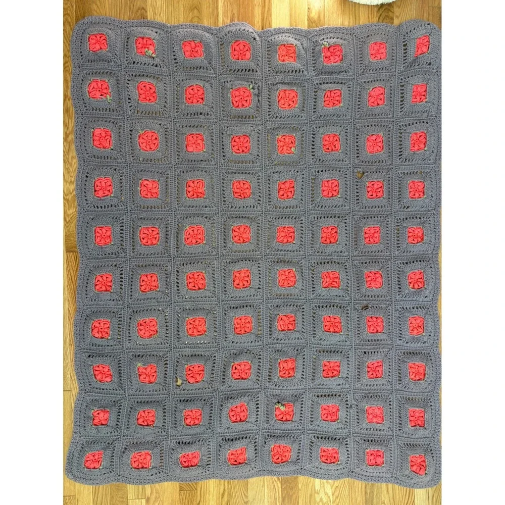 FLAWED Crochet Granny Square Blanket Purple 3D Pink Roses Handmade Cottagecore
